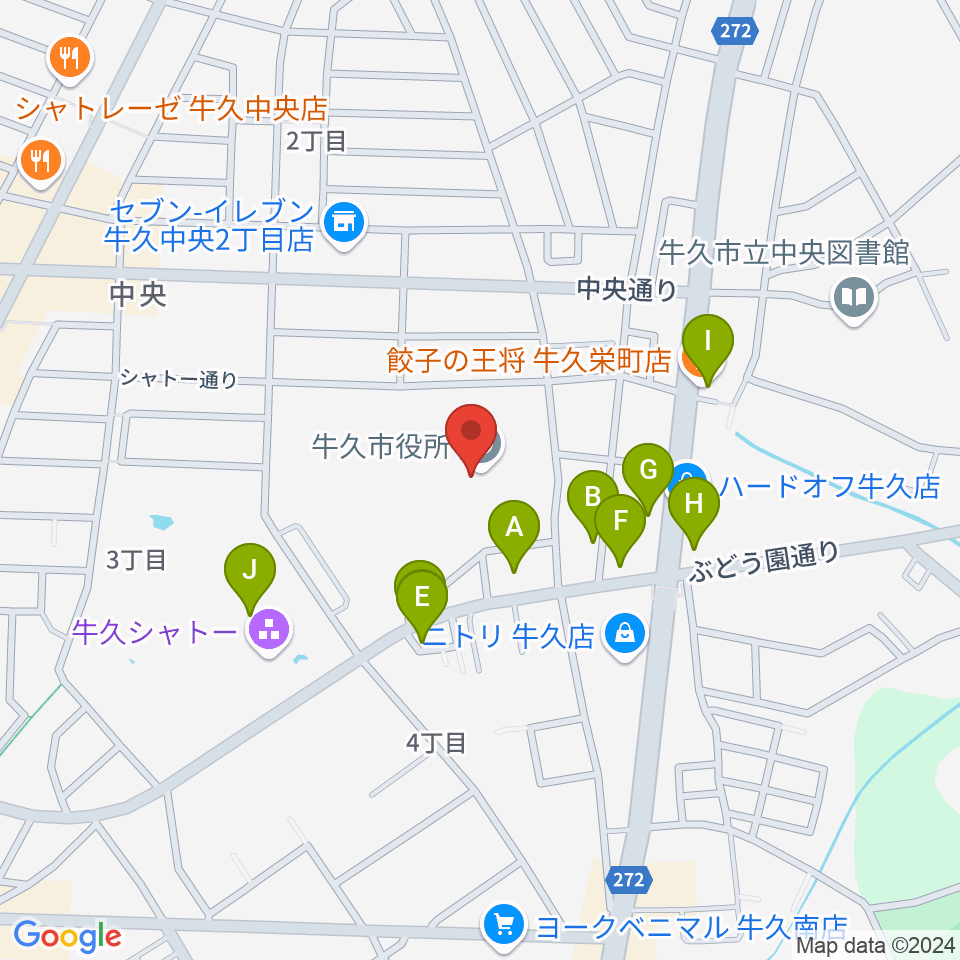 FMうしくうれしく放送（FM-UU）周辺のファミレス・ファーストフード一覧地図