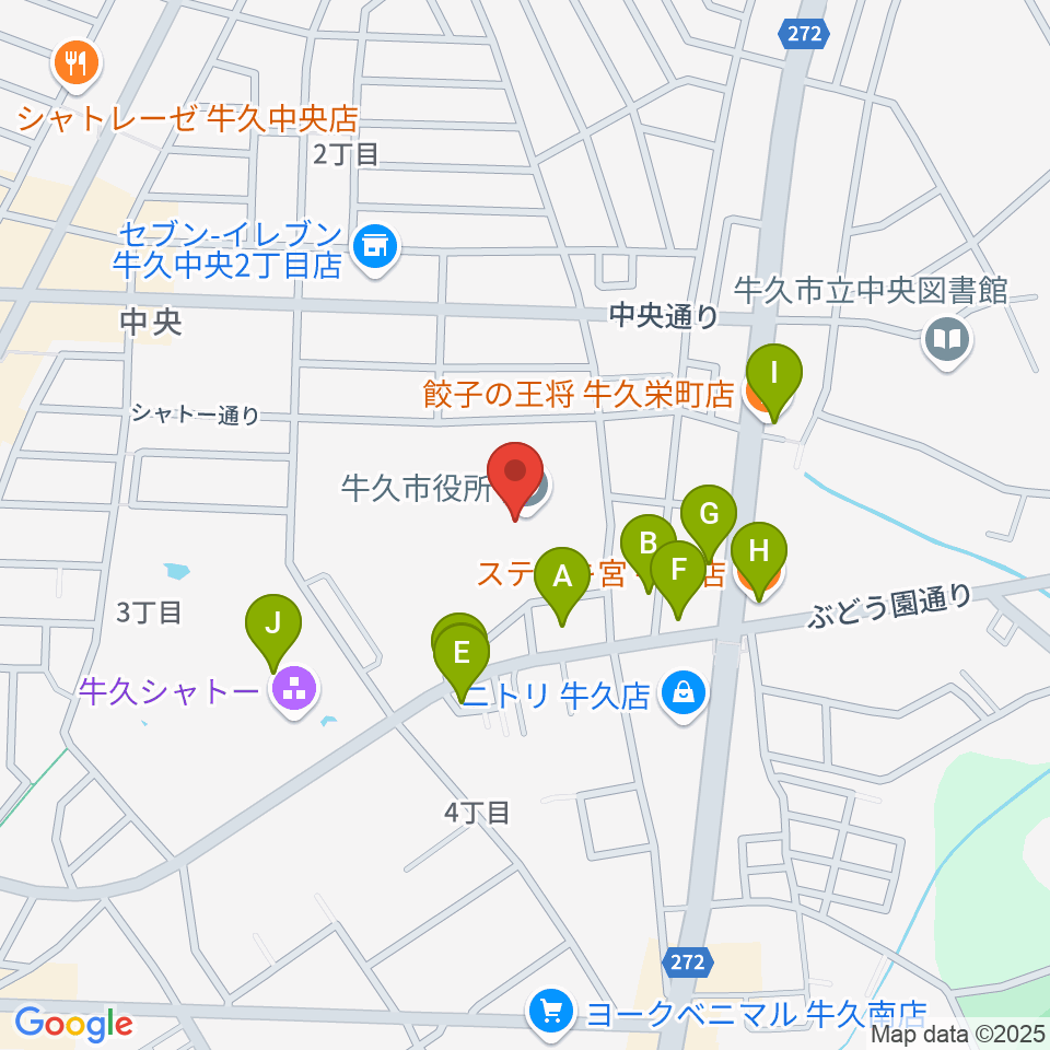 FMうしくうれしく放送（FM-UU）周辺のファミレス・ファーストフード一覧地図