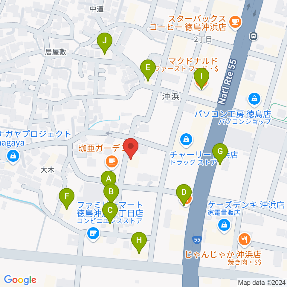 ユニスタイル沖浜周辺のファミレス・ファーストフード一覧地図