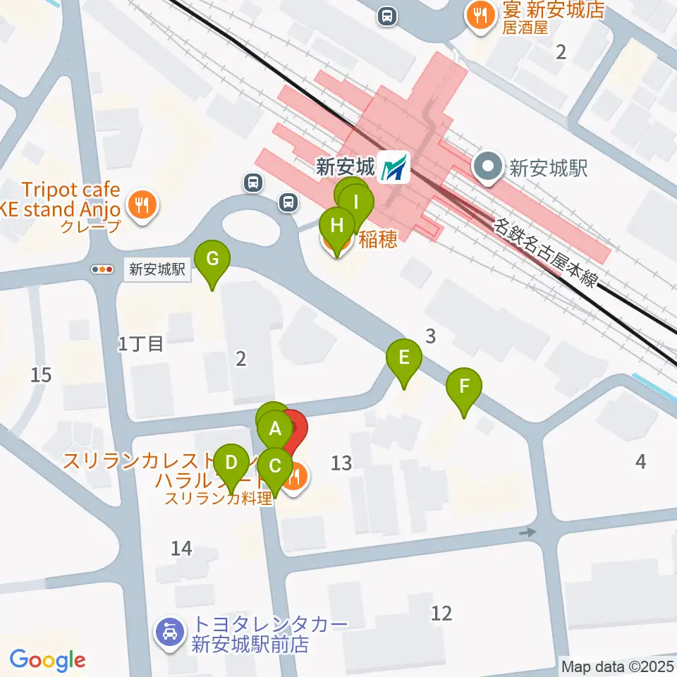 新安城RADIO CLUB周辺のファミレス・ファーストフード一覧地図