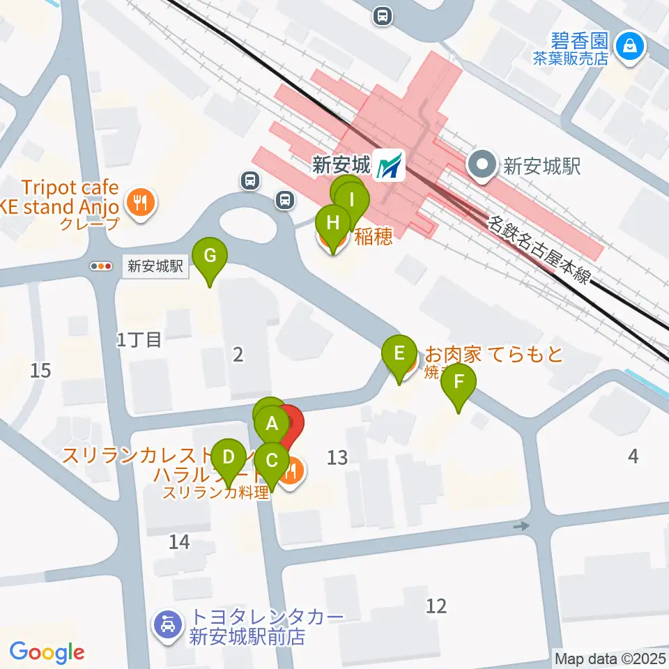 新安城RADIO CLUB周辺のファミレス・ファーストフード一覧地図