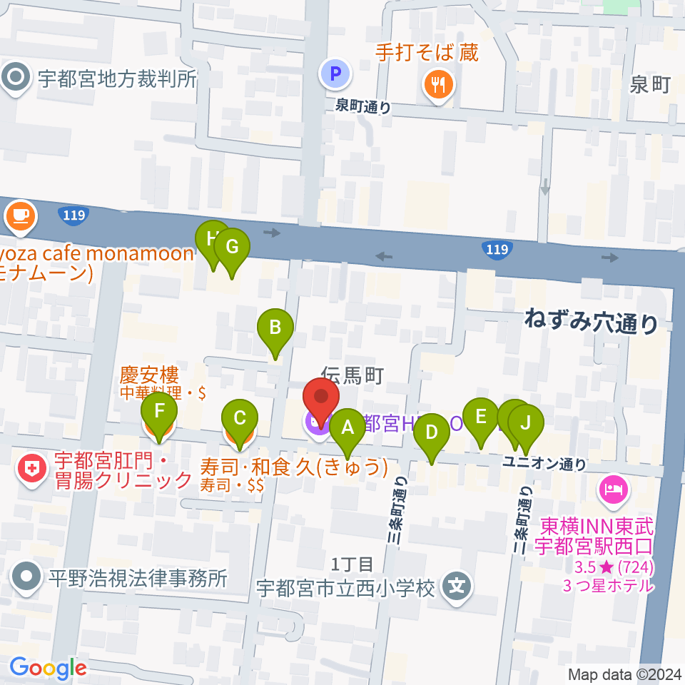 宇都宮HELLO DOLLY周辺のファミレス・ファーストフード一覧地図