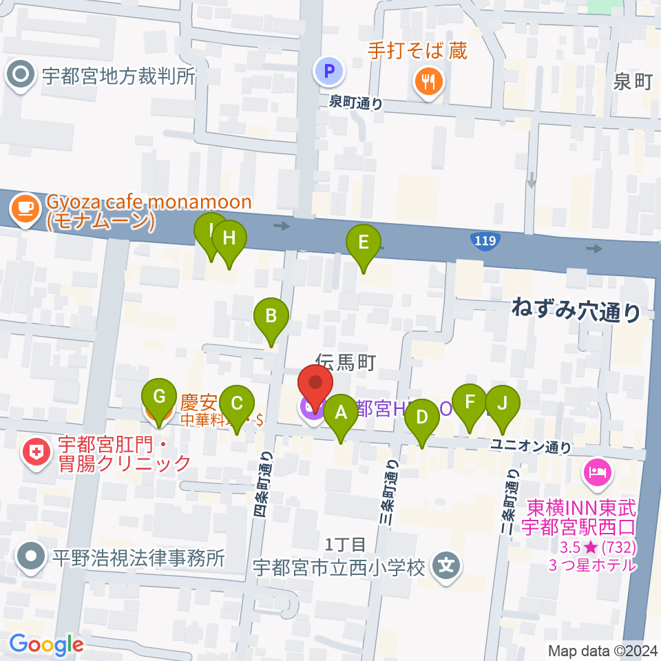 宇都宮HELLO DOLLY周辺のファミレス・ファーストフード一覧地図