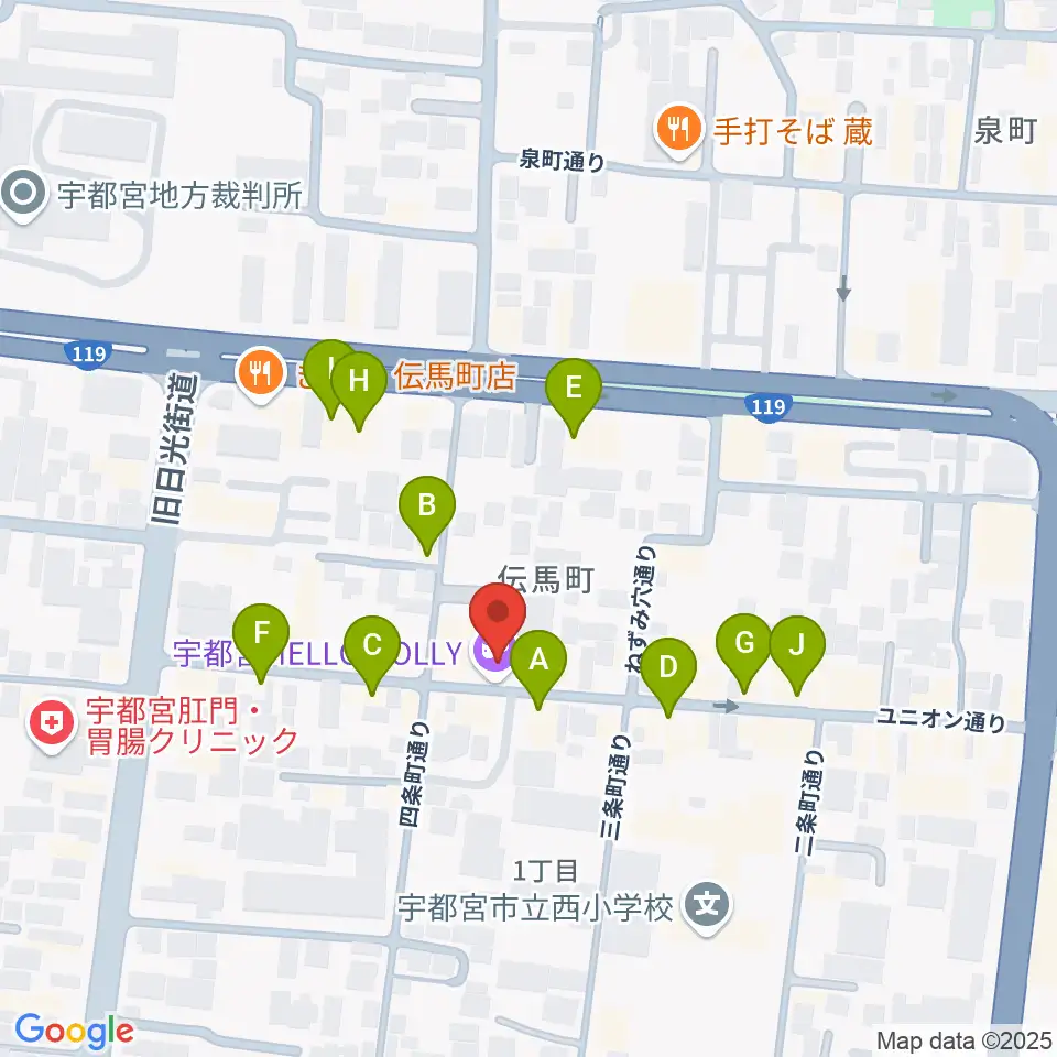 宇都宮HELLO DOLLY周辺のファミレス・ファーストフード一覧地図