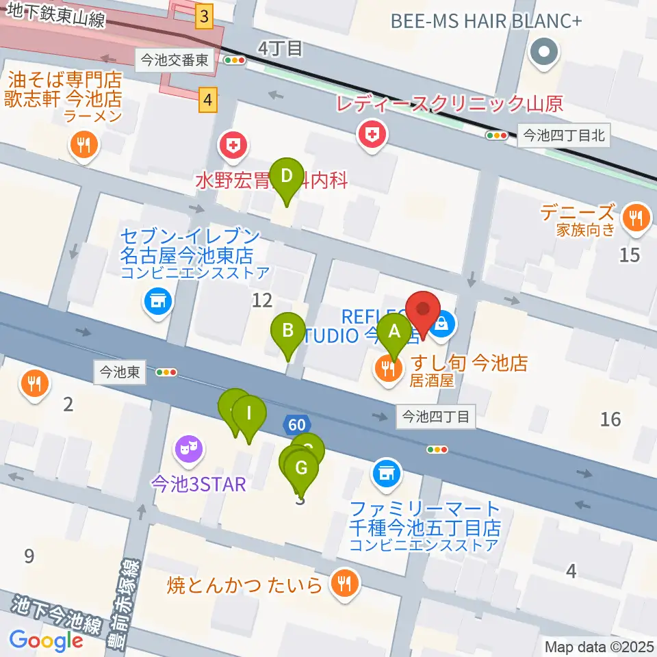 リフレクトスタジオ今池店周辺のファミレス・ファーストフード一覧地図