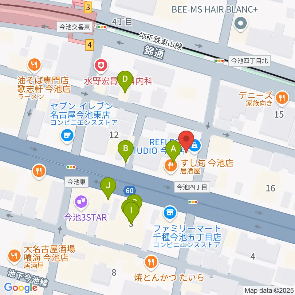 リフレクトスタジオ今池店周辺のファミレス・ファーストフード一覧地図