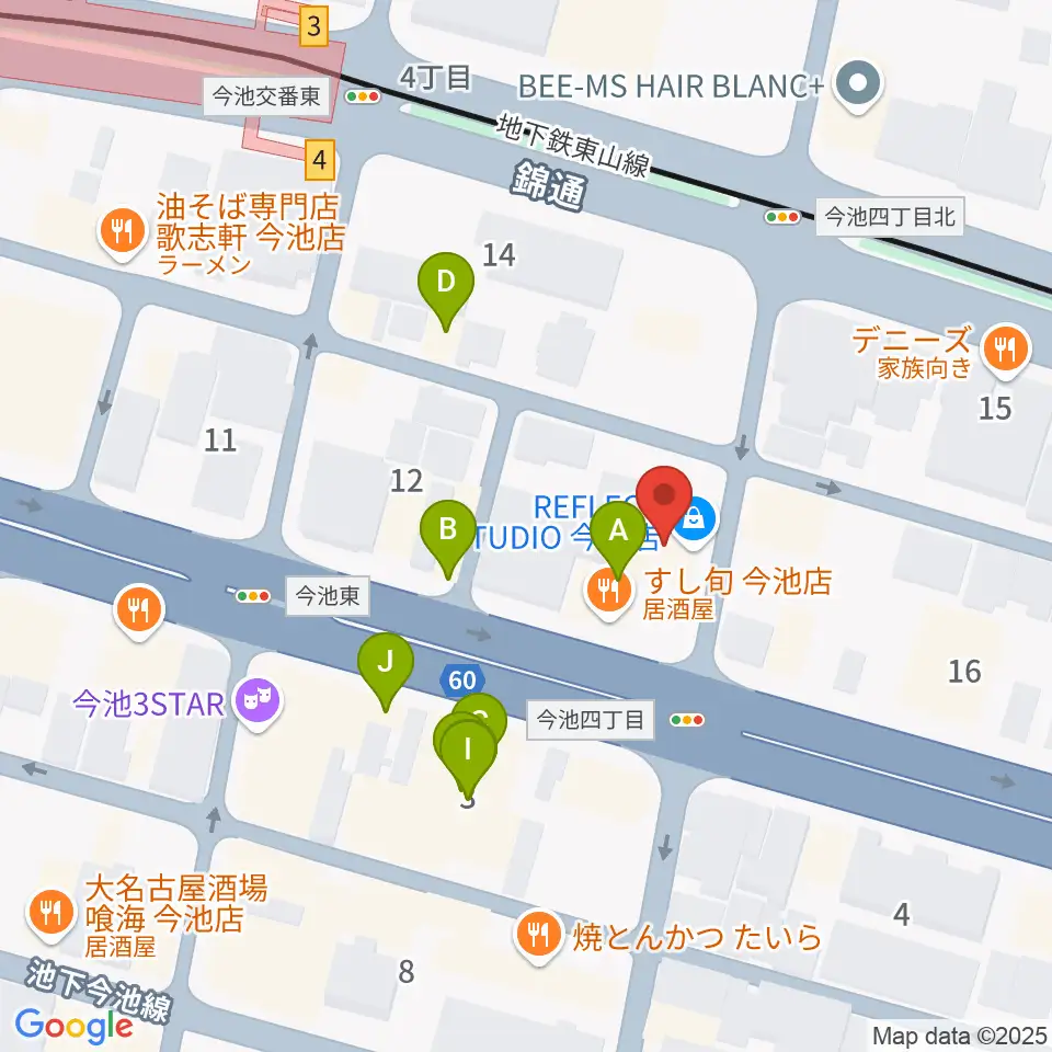 リフレクトスタジオ今池店周辺のファミレス・ファーストフード一覧地図