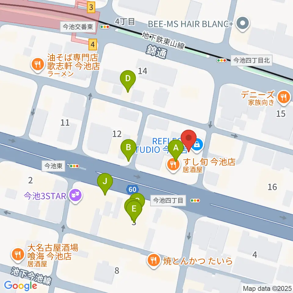 リフレクトスタジオ今池店周辺のファミレス・ファーストフード一覧地図