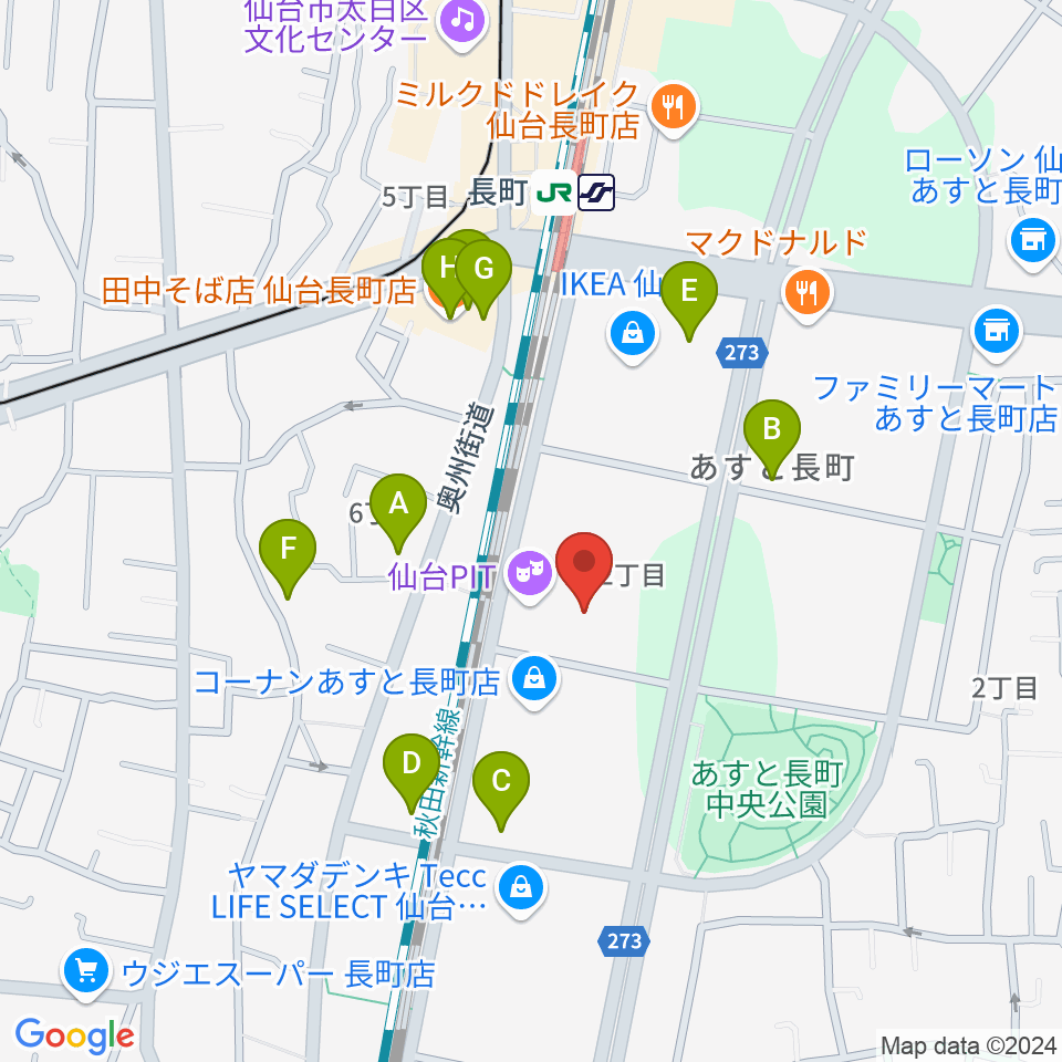 仙台PIT周辺のファミレス・ファーストフード一覧地図