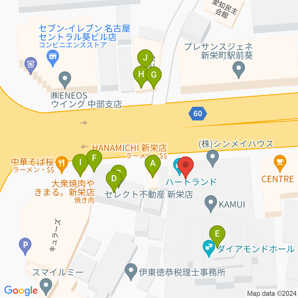 名古屋スペードボックス・ハートランド周辺のファミレス・ファーストフード一覧地図
