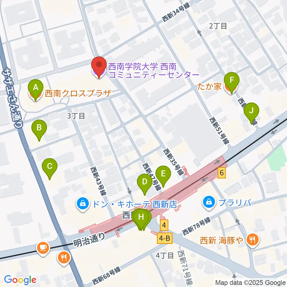 西南コミュニティーセンター周辺のファミレス・ファーストフード一覧地図