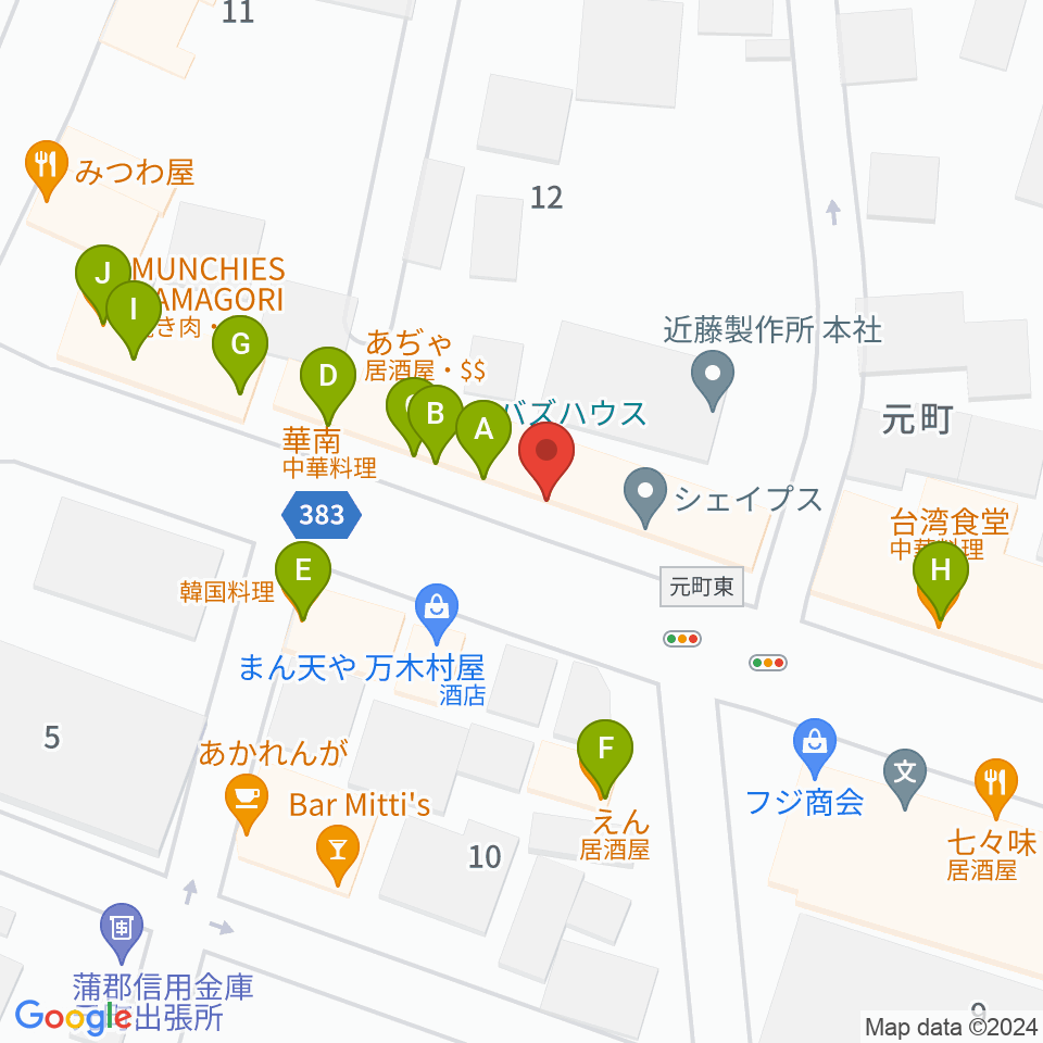 蒲郡バズハウス周辺のファミレス・ファーストフード一覧地図