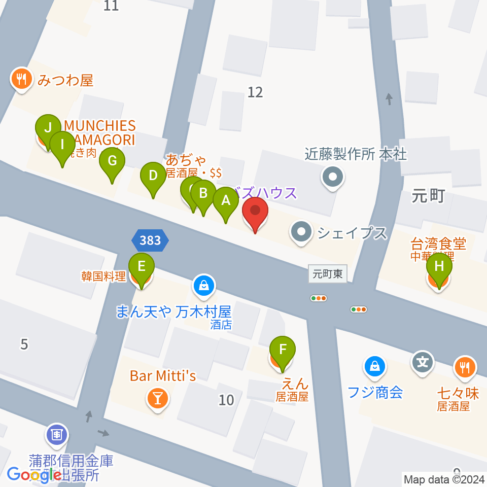 蒲郡バズハウス周辺のファミレス・ファーストフード一覧地図