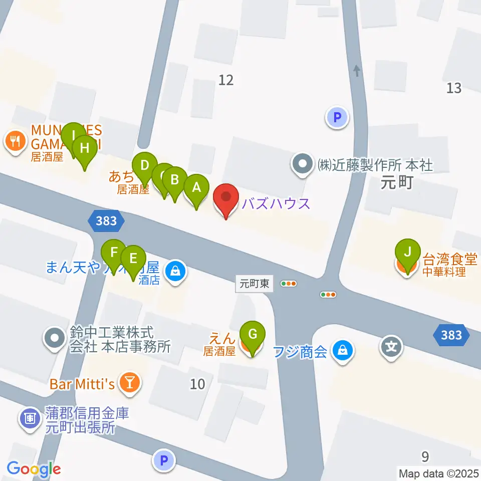 蒲郡バズハウス周辺のファミレス・ファーストフード一覧地図