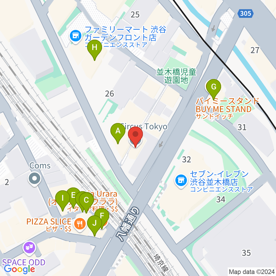 渋谷CIRCUS TOKYO周辺のファミレス・ファーストフード一覧地図