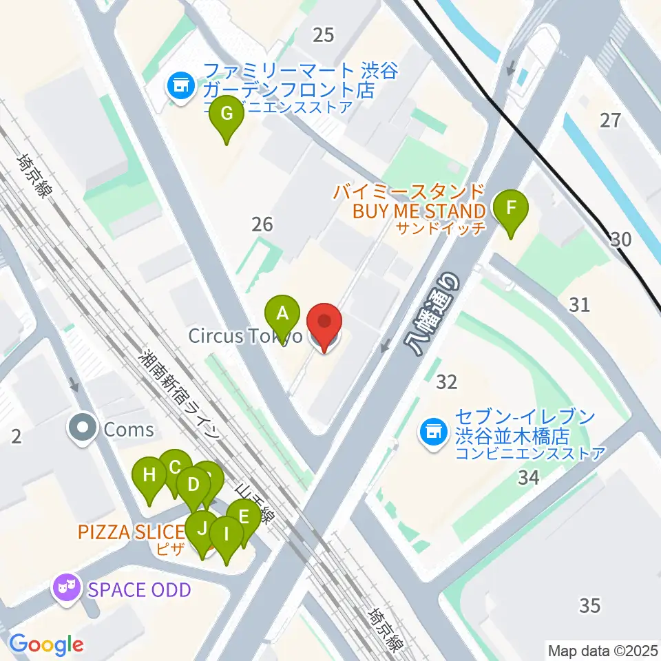 渋谷CIRCUS TOKYO周辺のファミレス・ファーストフード一覧地図
