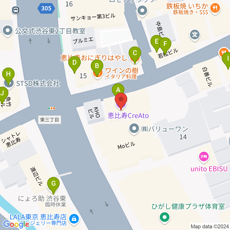 恵比寿クレアート周辺のファミレス・ファーストフード一覧地図