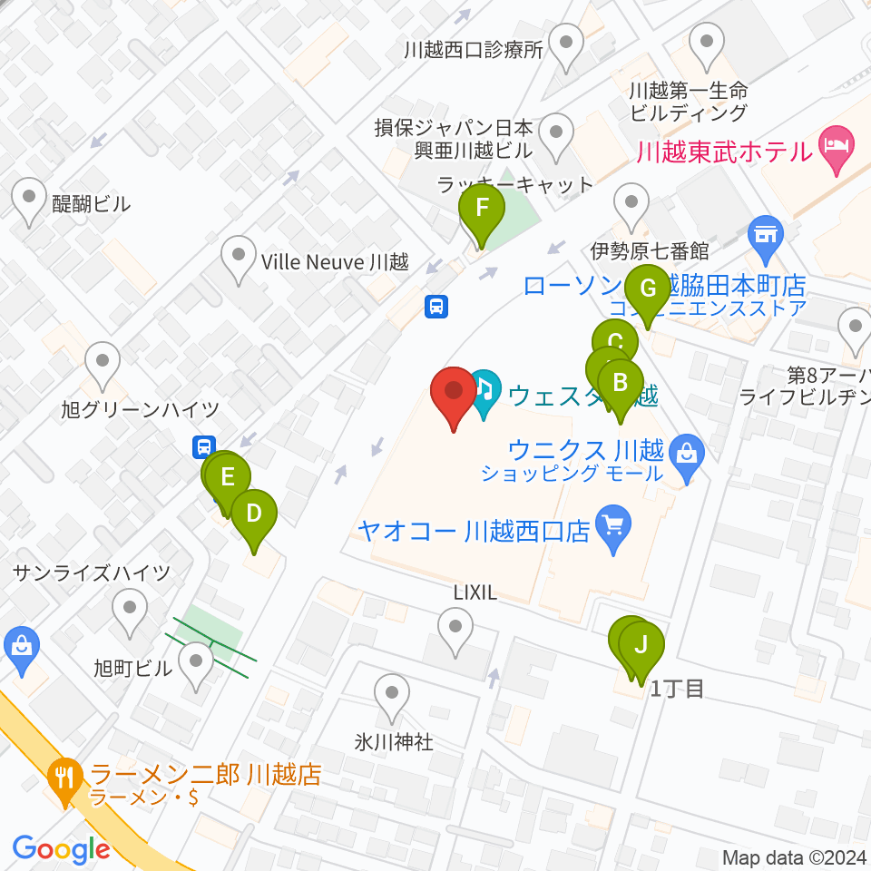 ウェスタ川越 音楽室周辺のファミレス・ファーストフード一覧地図