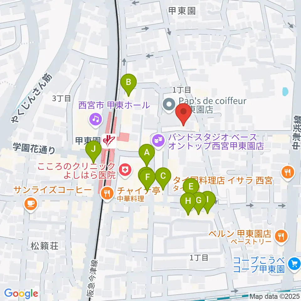アールエイチワイ甲東園 貸し音楽練習室周辺のファミレス・ファーストフード一覧地図