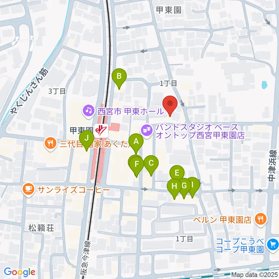 アールエイチワイ甲東園 貸し音楽練習室周辺のファミレス・ファーストフード一覧地図
