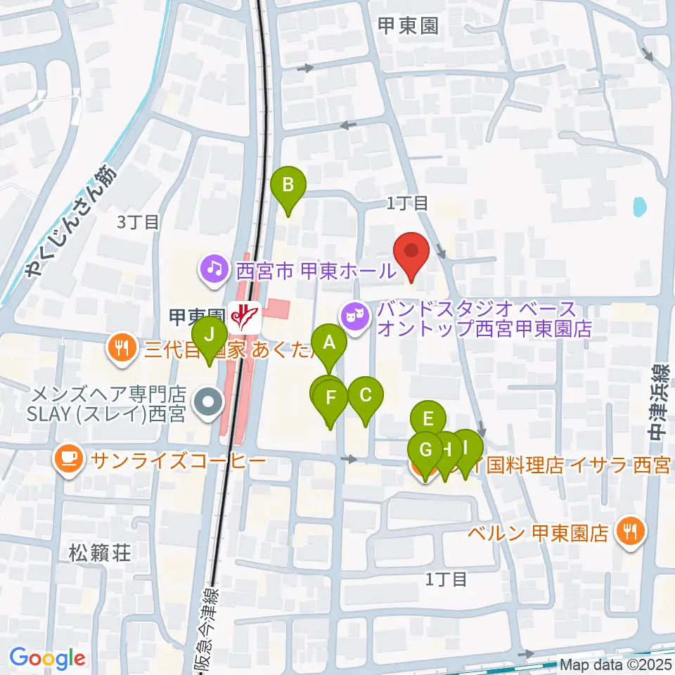 アールエイチワイ甲東園 貸し音楽練習室周辺のファミレス・ファーストフード一覧地図