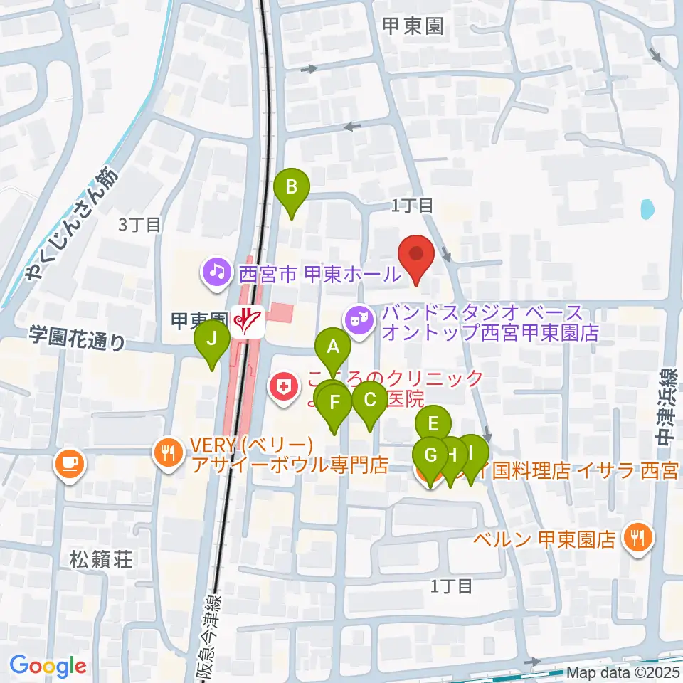 アールエイチワイ甲東園 貸し音楽練習室周辺のファミレス・ファーストフード一覧地図