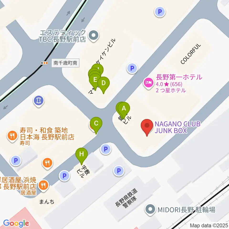 長野クラブジャンクボックス周辺のファミレス・ファーストフード一覧地図