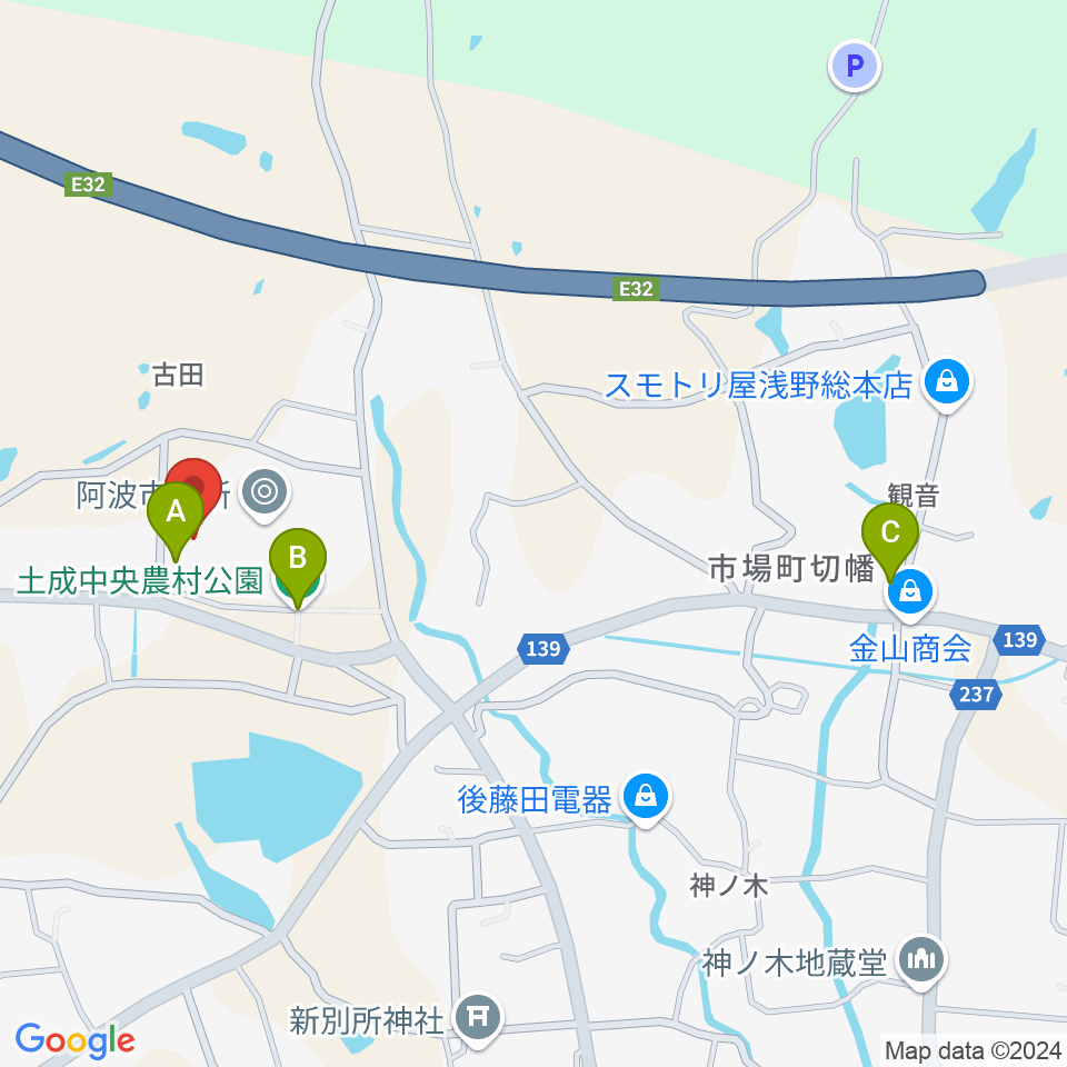 阿波市アエルワホール周辺のファミレス・ファーストフード一覧地図