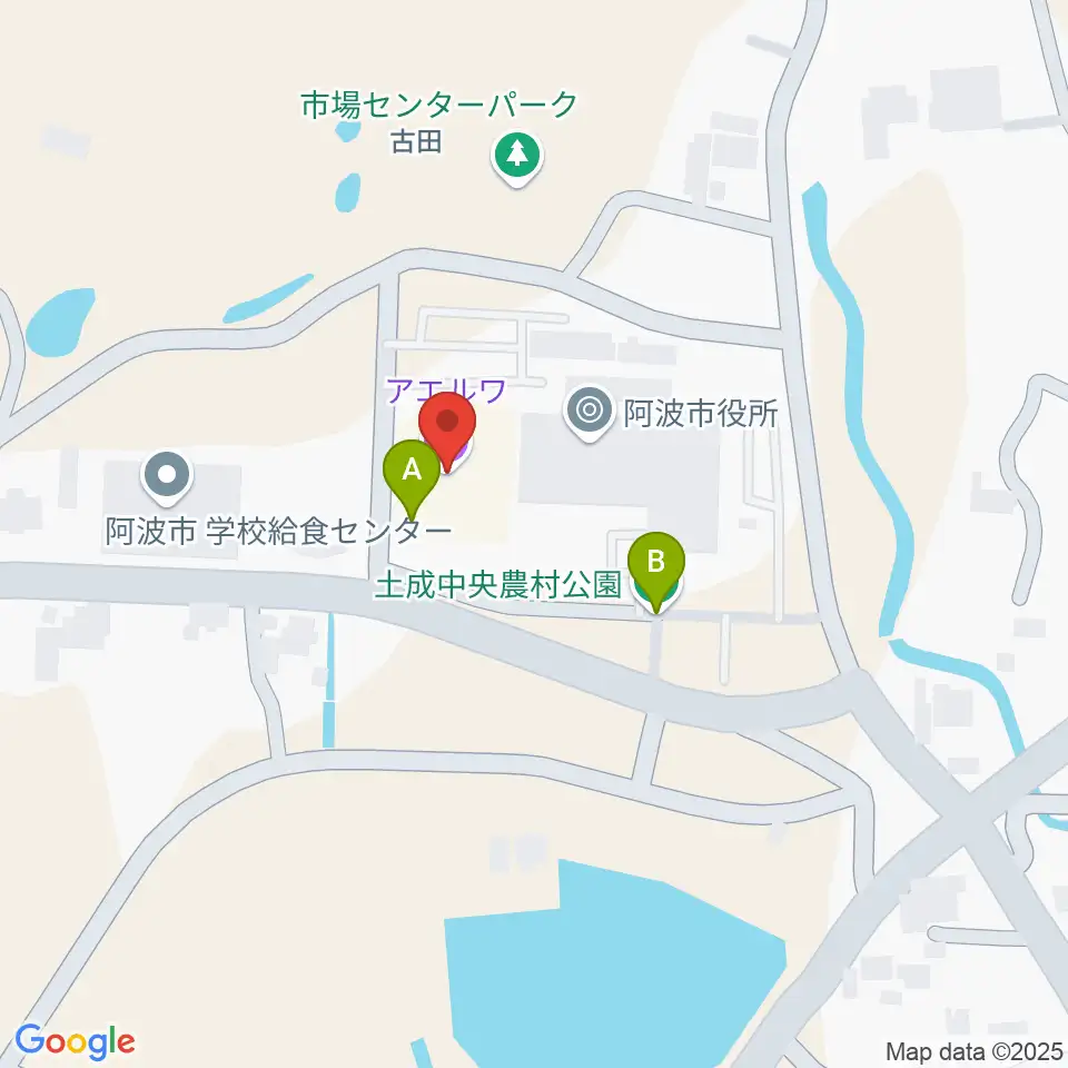阿波市アエルワホール周辺のファミレス・ファーストフード一覧地図