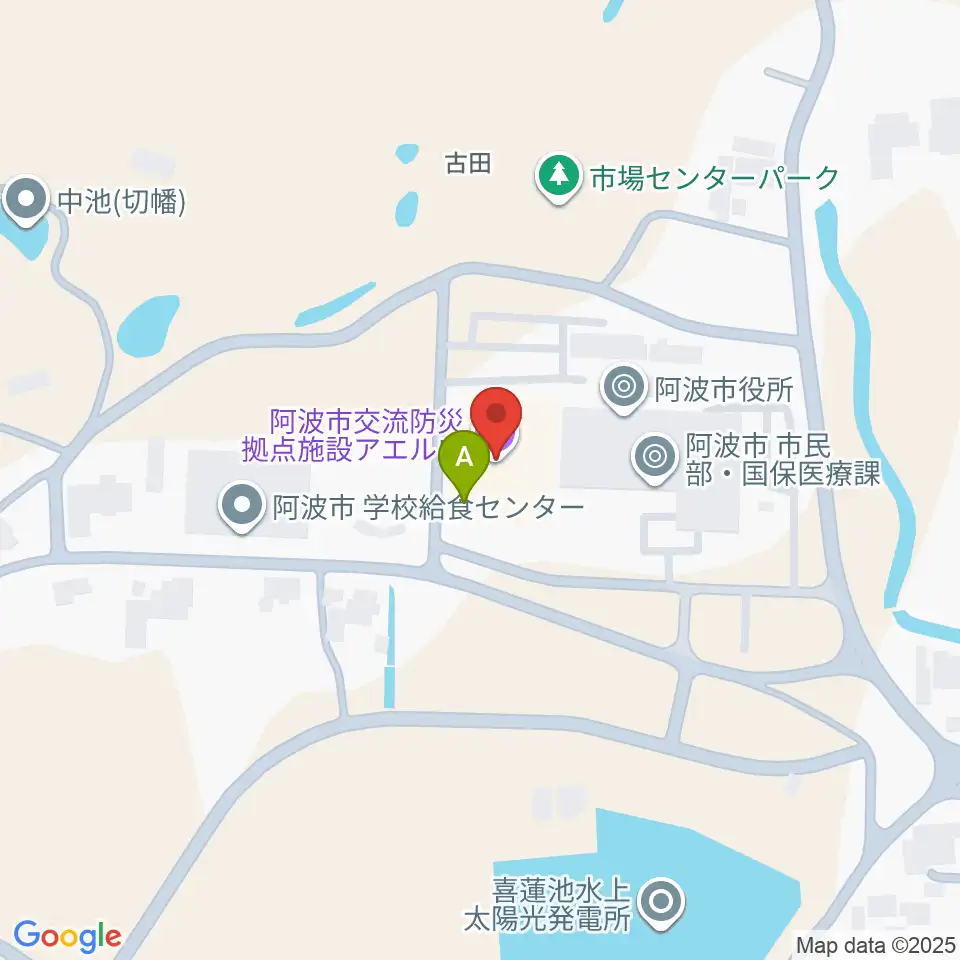 阿波市アエルワホール周辺のファミレス・ファーストフード一覧地図