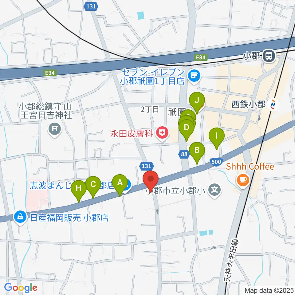 小川楽器 小郡店周辺のファミレス・ファーストフード一覧地図