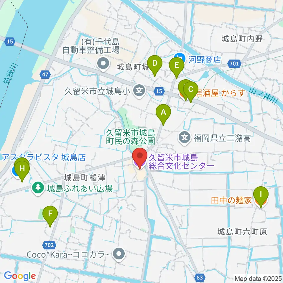 城島総合文化センター周辺のファミレス・ファーストフード一覧地図
