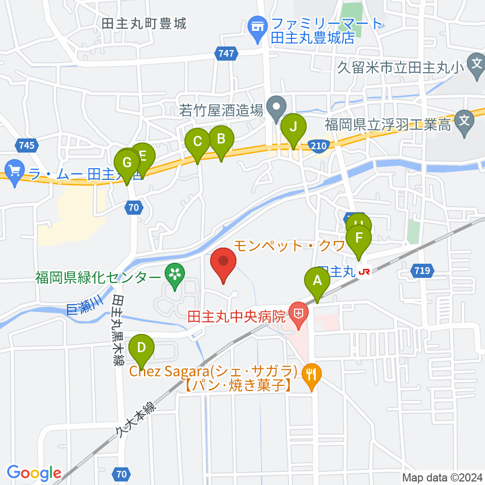 田主丸複合文化施設そよ風ホール周辺のファミレス・ファーストフード一覧地図