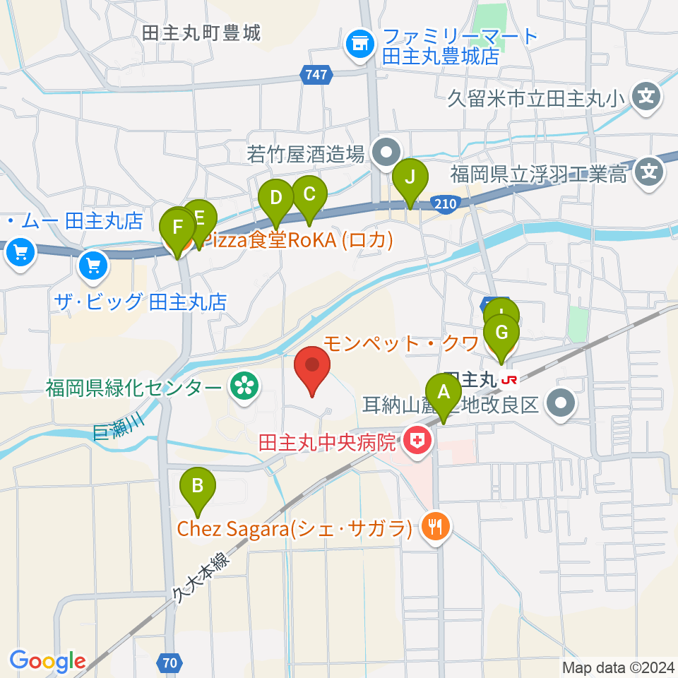 田主丸複合文化施設そよ風ホール周辺のファミレス・ファーストフード一覧地図