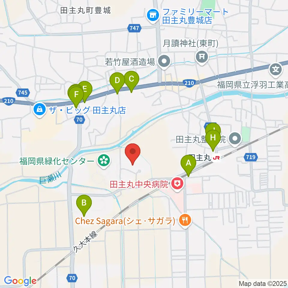 田主丸複合文化施設そよ風ホール周辺のファミレス・ファーストフード一覧地図
