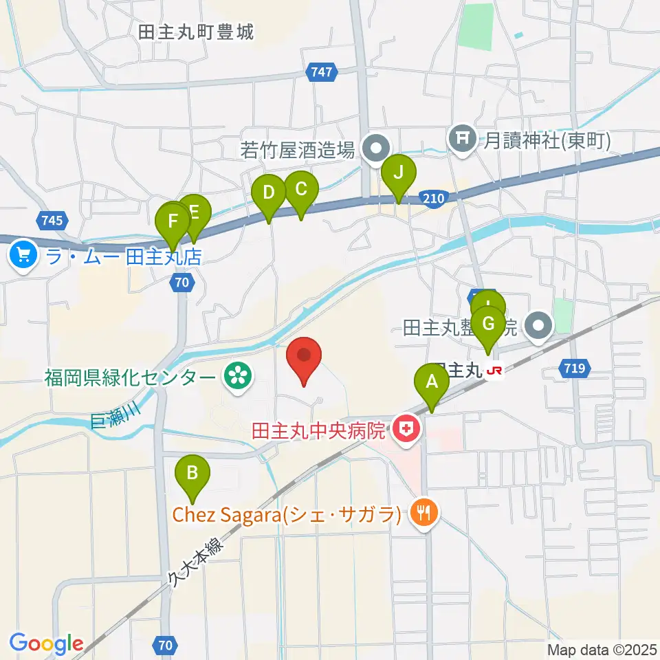 田主丸複合文化施設そよ風ホール周辺のファミレス・ファーストフード一覧地図