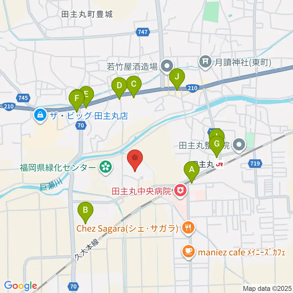 田主丸複合文化施設そよ風ホール周辺のファミレス・ファーストフード一覧地図