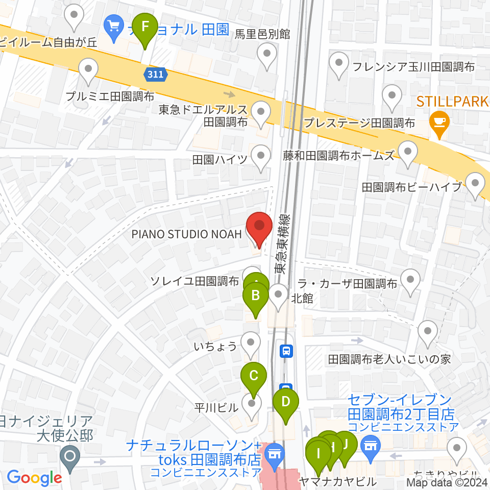 ピアノスタジオノア 田園調布店周辺のファミレス・ファーストフード一覧地図
