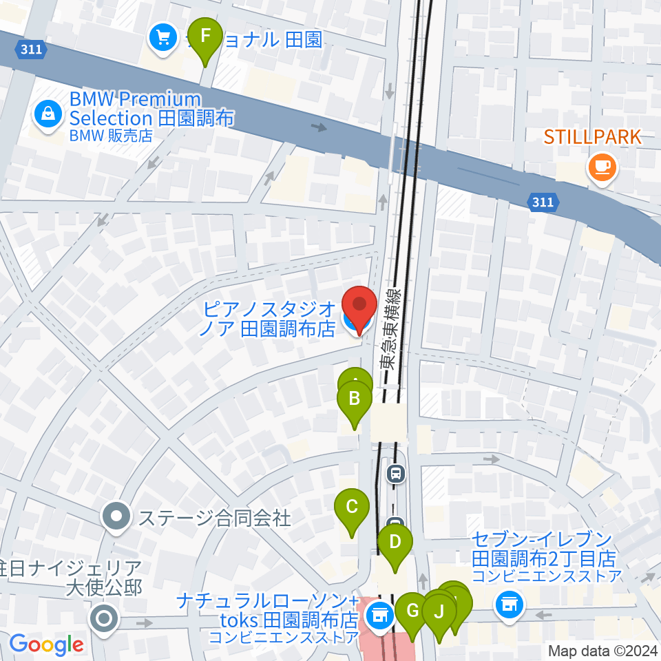 ピアノスタジオノア 田園調布店周辺のファミレス・ファーストフード一覧地図