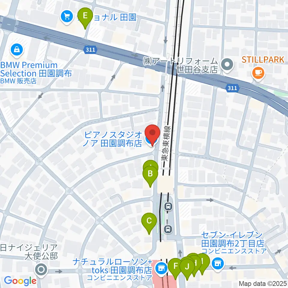 ピアノスタジオノア 田園調布店周辺のファミレス・ファーストフード一覧地図