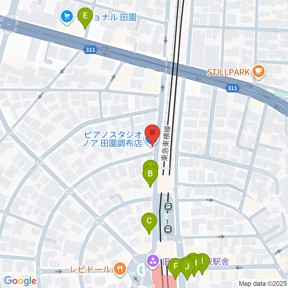 ピアノスタジオノア 田園調布店周辺のファミレス・ファーストフード一覧地図
