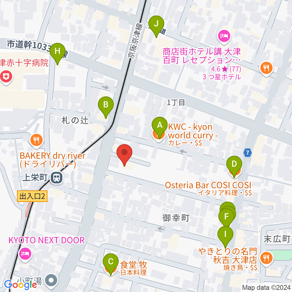 奏美ホール 防音練習室周辺のファミレス・ファーストフード一覧地図