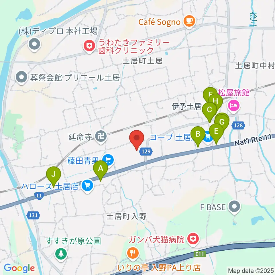 土居文化会館ユーホール周辺のファミレス・ファーストフード一覧地図