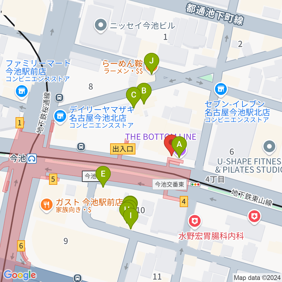 名古屋ボトムライン周辺のファミレス・ファーストフード一覧地図