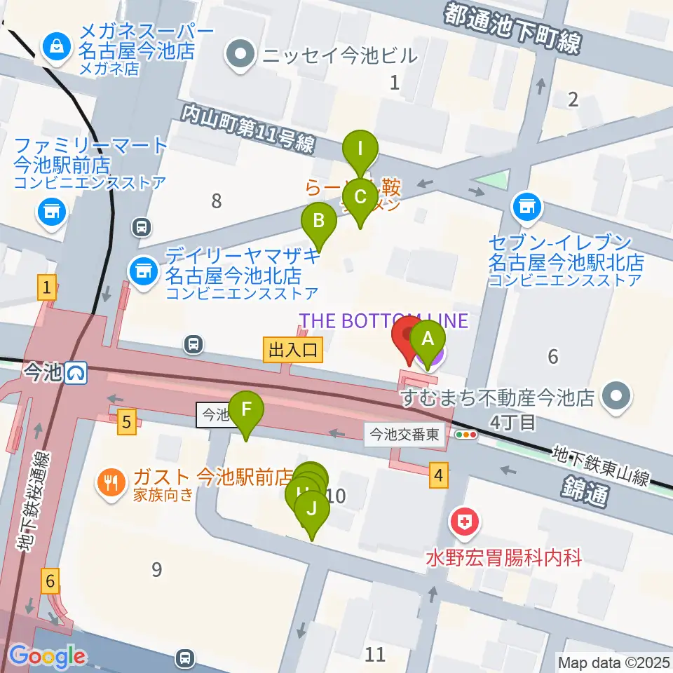 名古屋ボトムライン周辺のファミレス・ファーストフード一覧地図