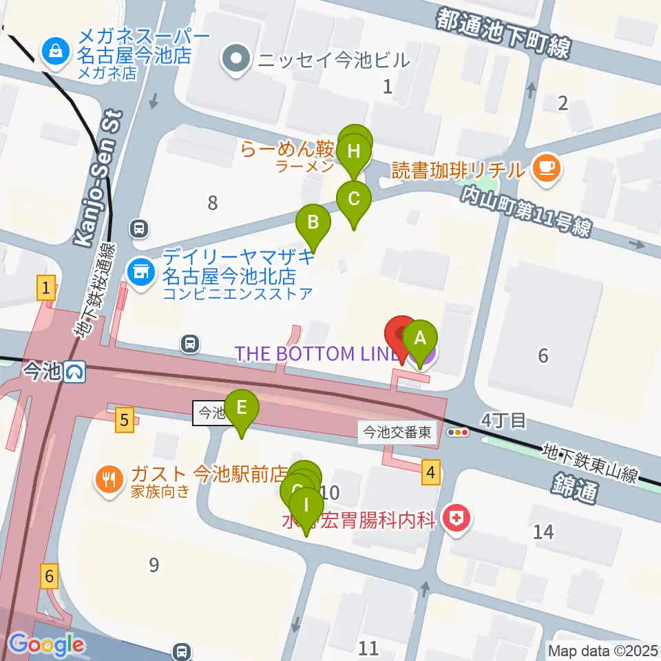 名古屋ボトムライン周辺のファミレス・ファーストフード一覧地図