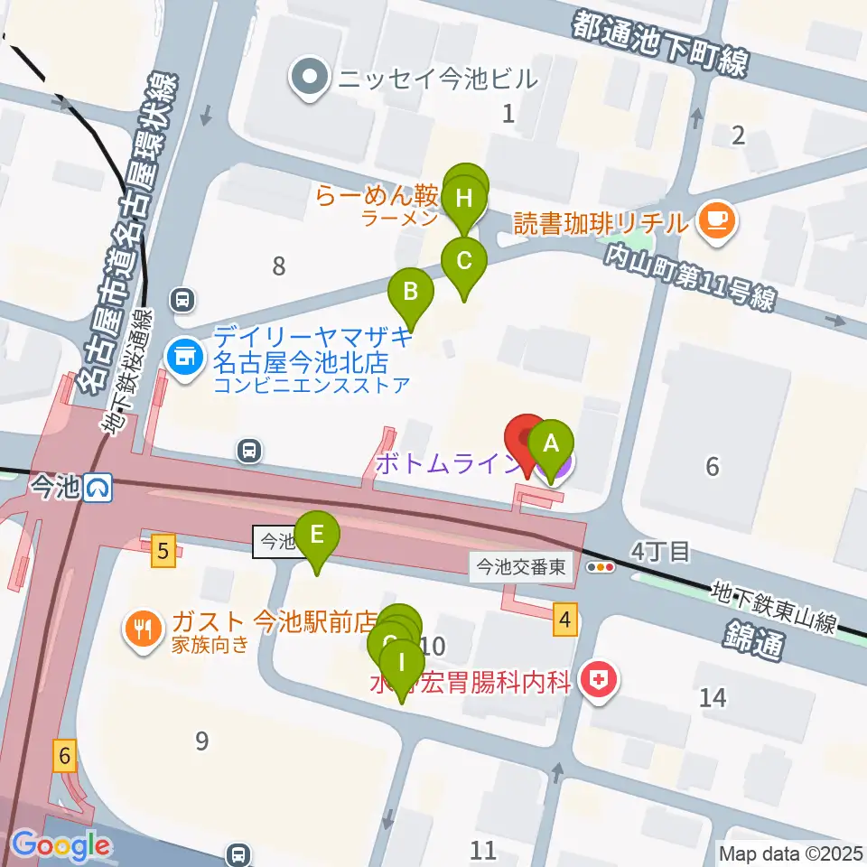 名古屋ボトムライン周辺のファミレス・ファーストフード一覧地図