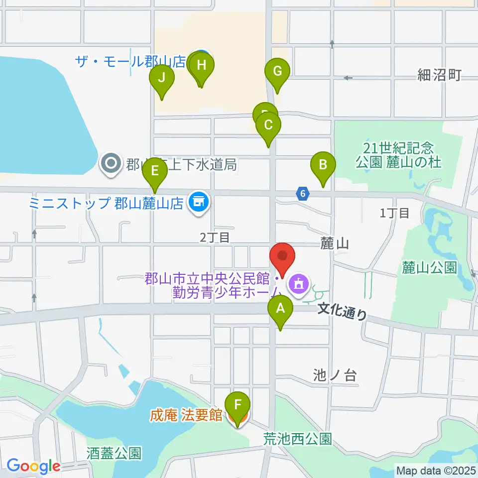 郡山市中央公民館・勤労青少年ホーム周辺のファミレス・ファーストフード一覧地図