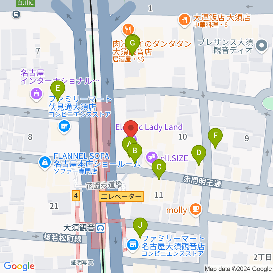 名古屋エレクトリックレディランド周辺のファミレス・ファーストフード一覧地図