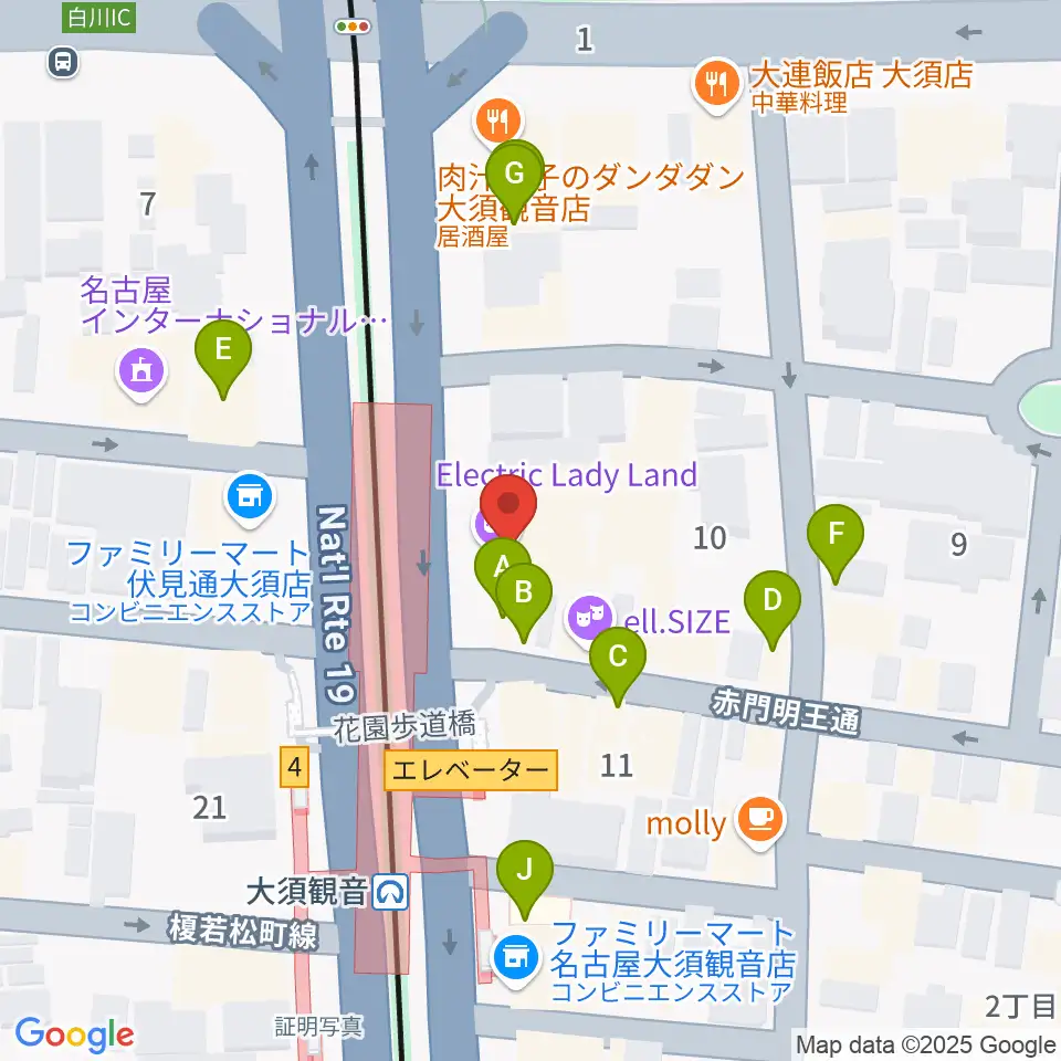 名古屋エレクトリックレディランド周辺のファミレス・ファーストフード一覧地図